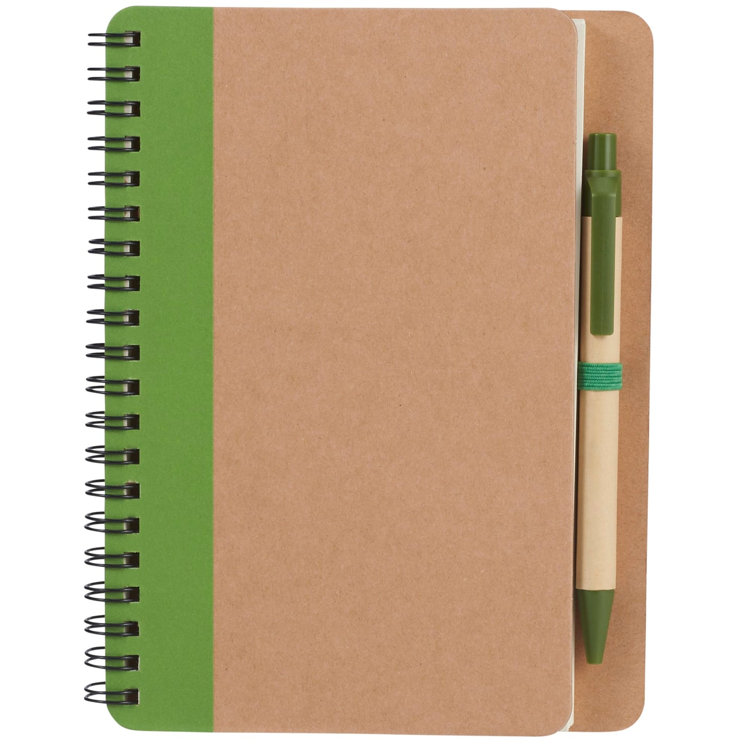 Front View of Green 5" x 7" FSC® Mix Eco Spiral Notebook with Pen plain