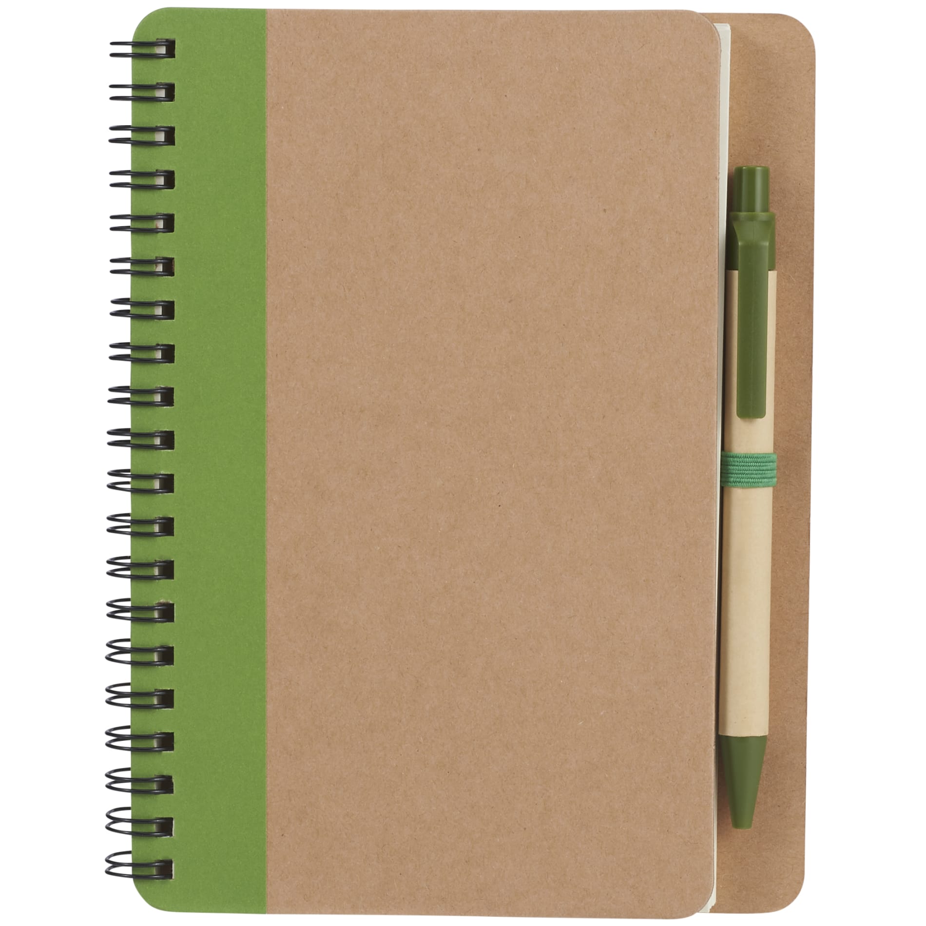 Front View of Green 5" x 7" FSC® Mix Eco Spiral Notebook with Pen plain