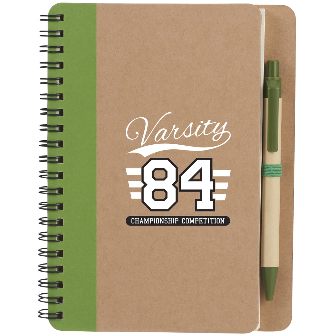 Front View of Green 5" x 7" FSC® Mix Eco Spiral Notebook with Pen