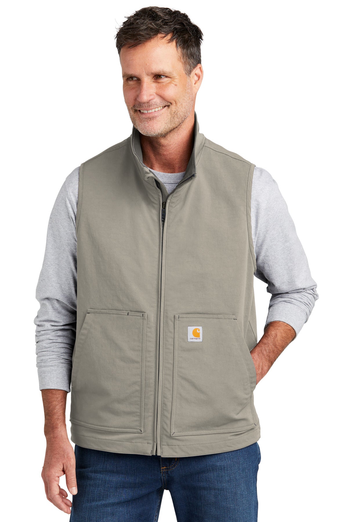 Front View of Greige Carhartt Super Dux Soft Shell Vest CT105535