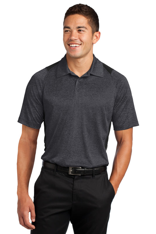 Front View of Grph He/Black Sport-Tek Heather Colorblock Contender Polo. ST665