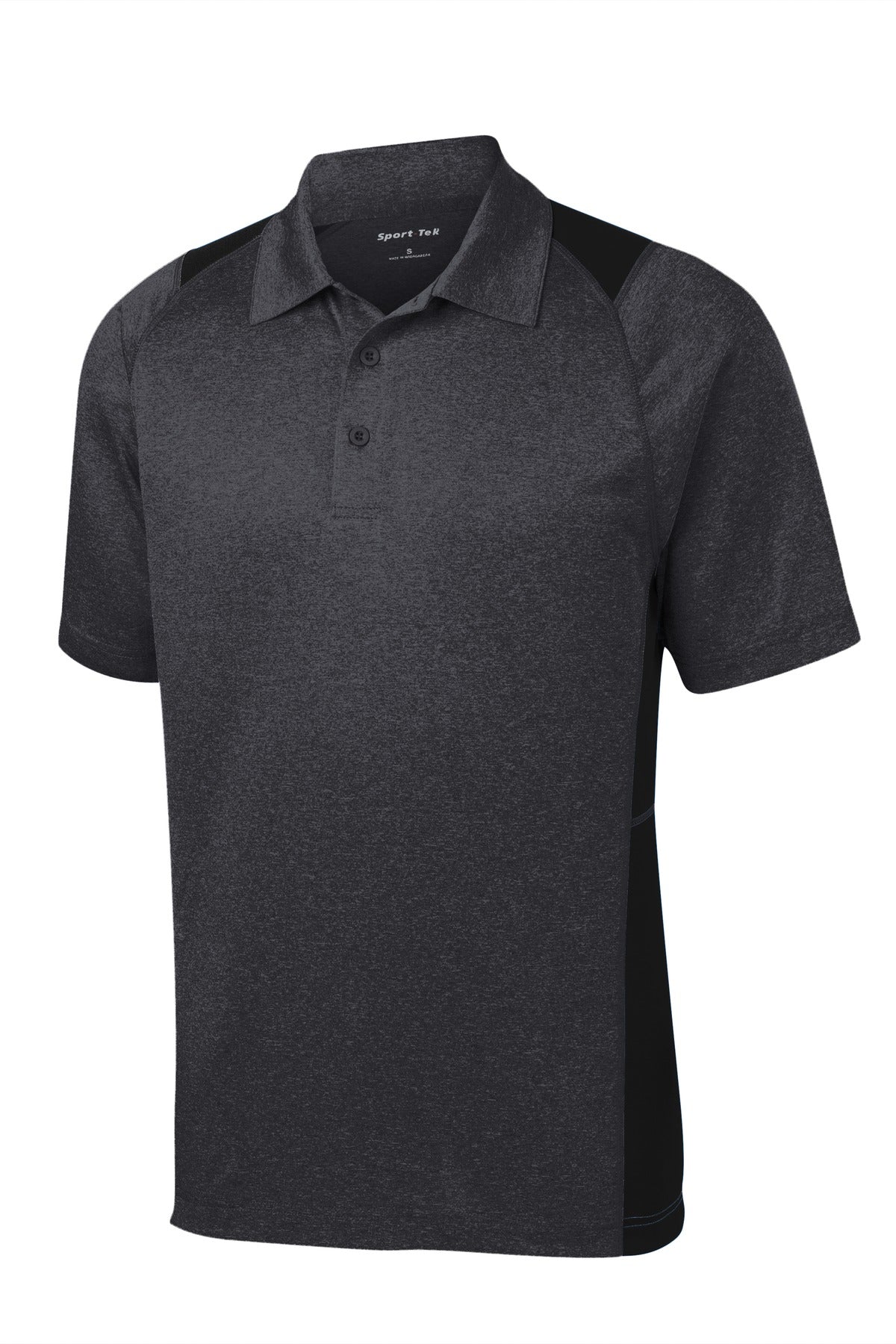 Front View of Grph He/Black Sport-Tek Heather Colorblock Contender Polo. ST665
