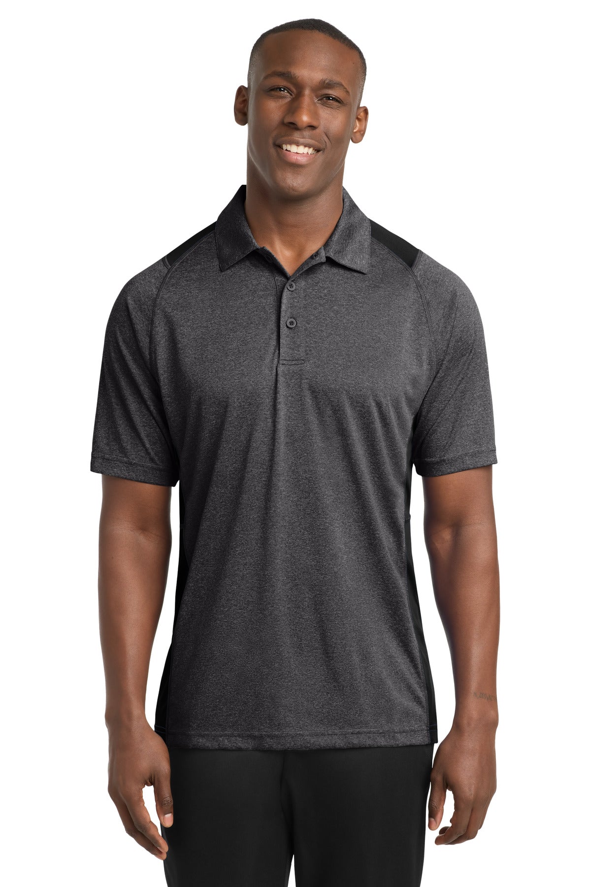 Front View of Grph He/Black Sport-Tek Heather Colorblock Contender Polo. ST665
