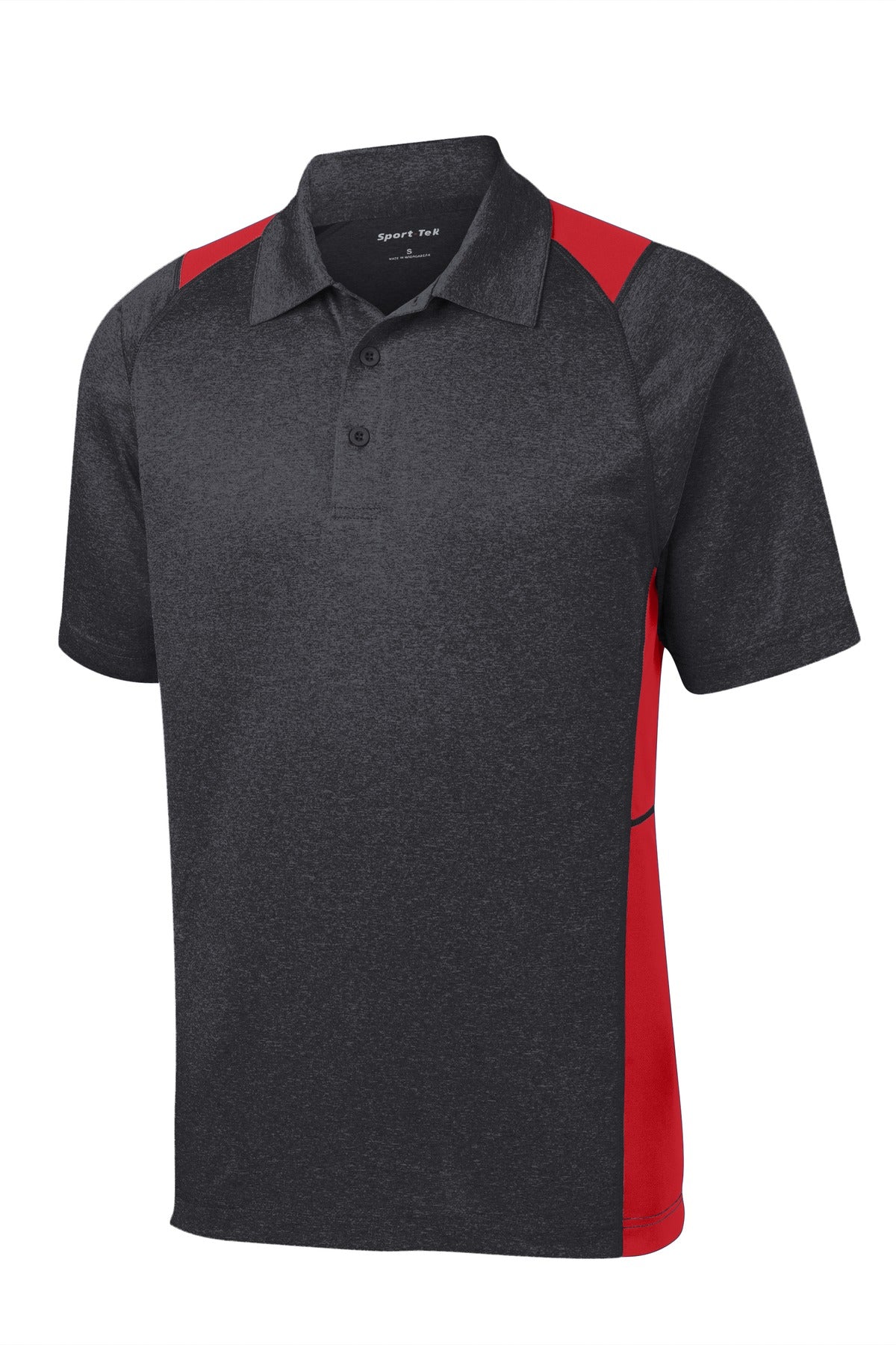 Front View of Grph He/Tr Red Sport-Tek Heather Colorblock Contender Polo. ST665