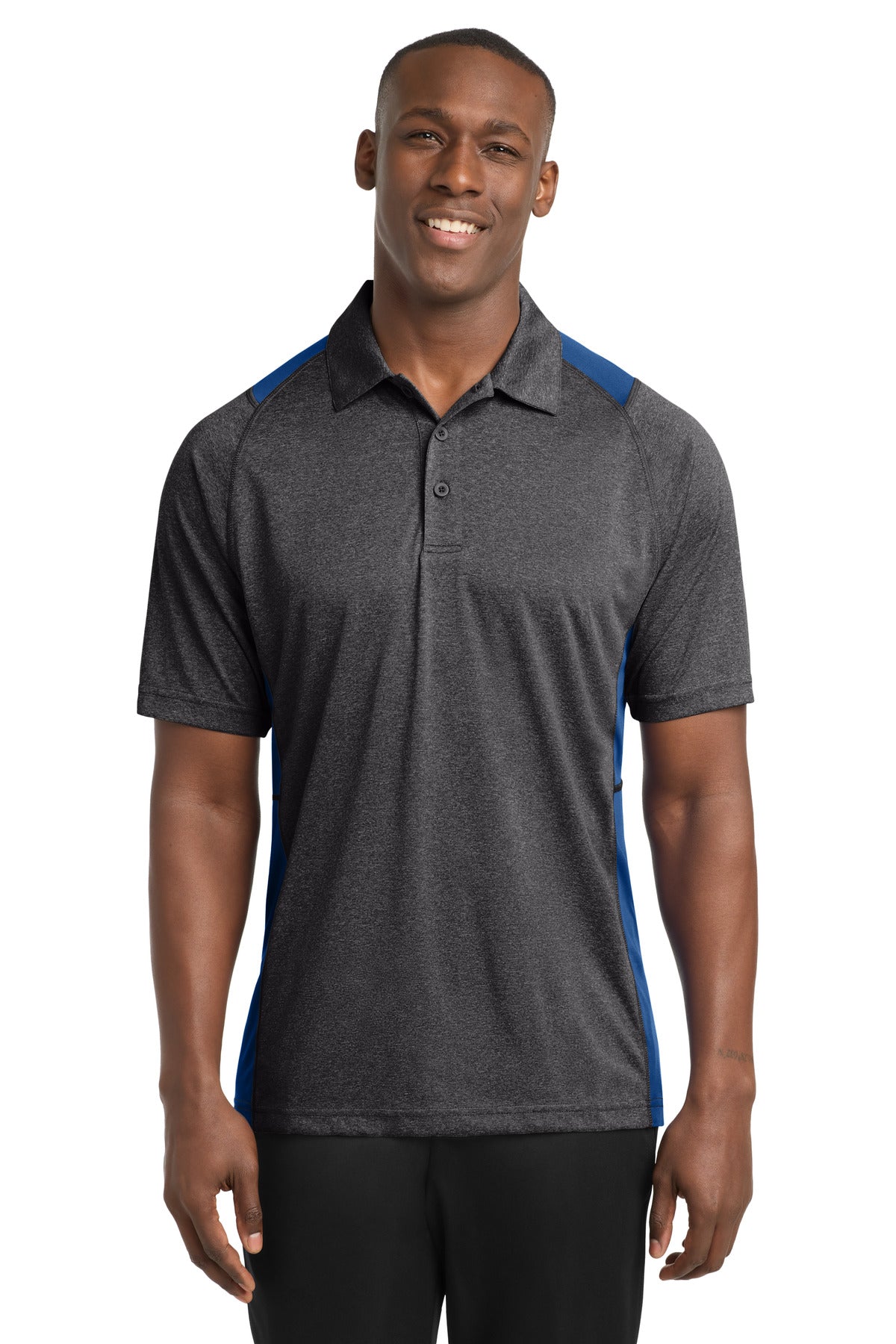 Front View of Grph He/Tr Roy Sport-Tek Heather Colorblock Contender Polo. ST665