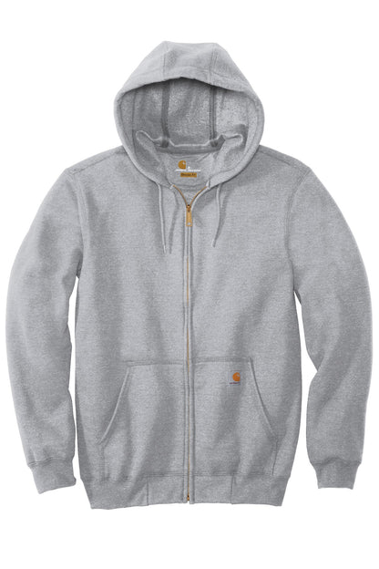 Front View of Heather Grey Carhartt Midweight Hooded Zip-Front Sweatshirt. CTK122