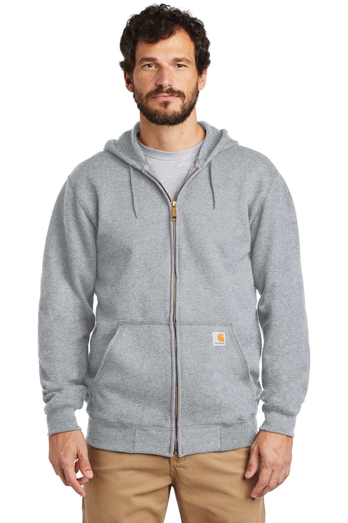 Front View of Heather Grey Carhartt Midweight Hooded Zip-Front Sweatshirt. CTK122