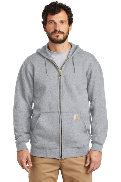 Front View of Heather Grey Carhartt Midweight Hooded Zip-Front Sweatshirt. CTK122