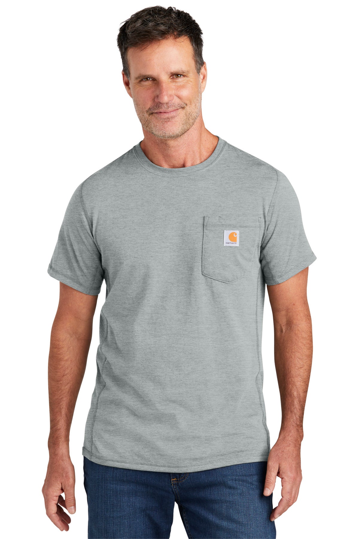 Front View of HthrGrey Carhartt Force Short Sleeve Pocket T-Shirt CT106652