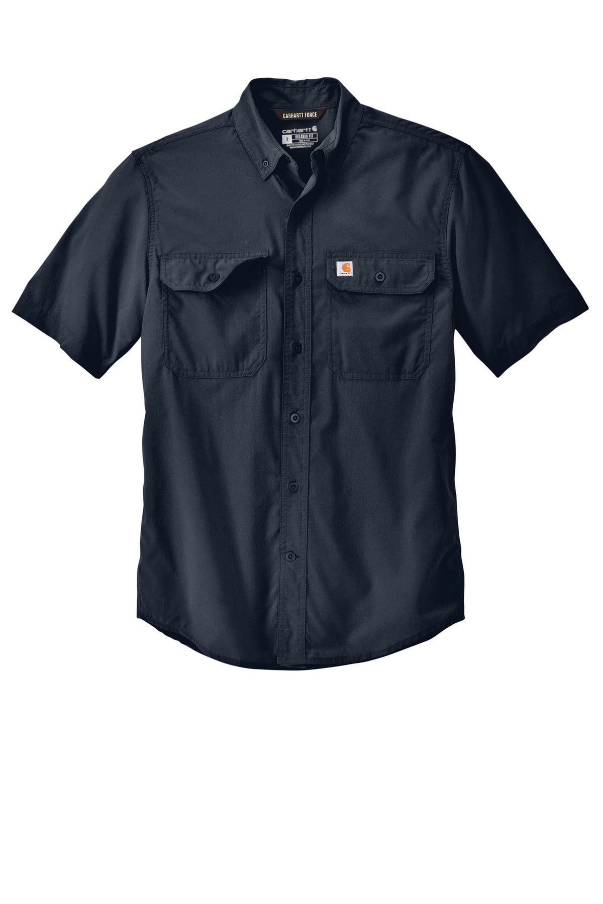 Front View of Navy Carhartt Force Solid Short Sleeve Shirt CT105292