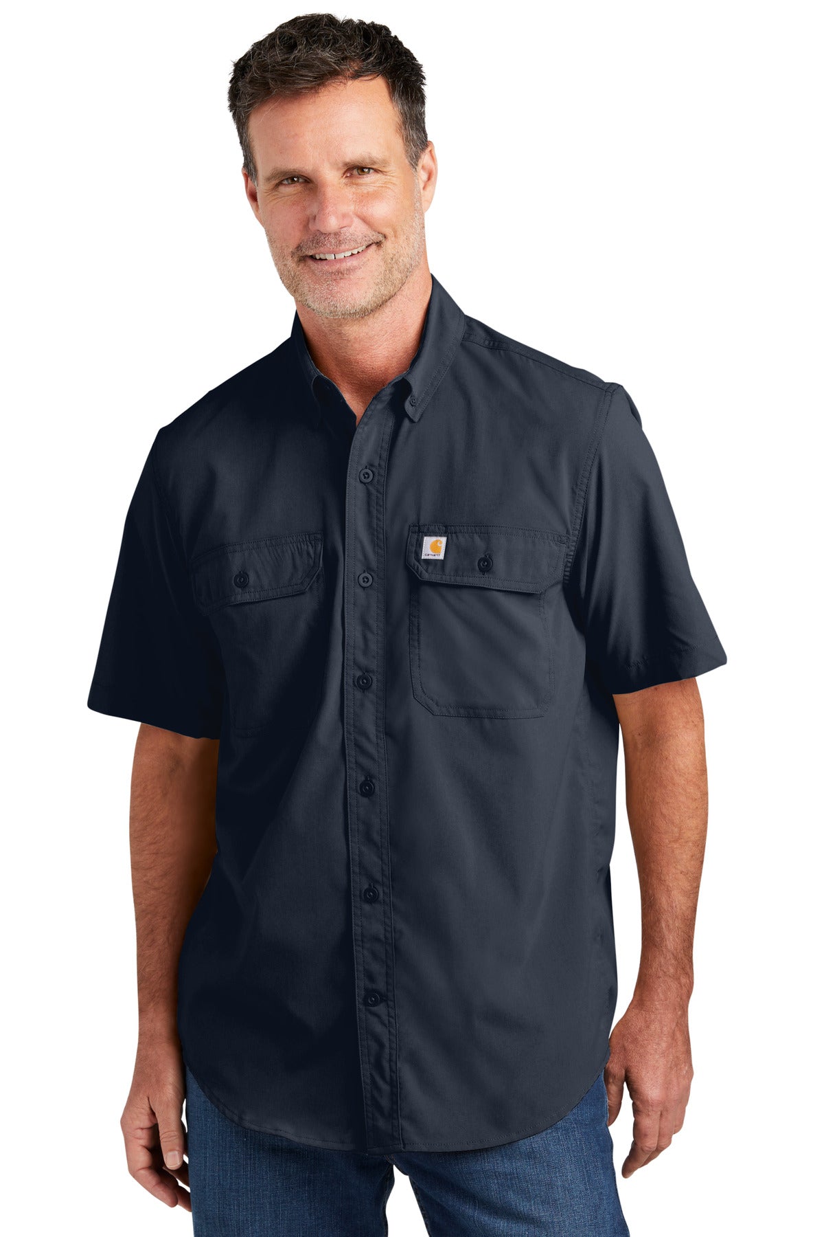 Front View of Navy Carhartt Force Solid Short Sleeve Shirt CT105292