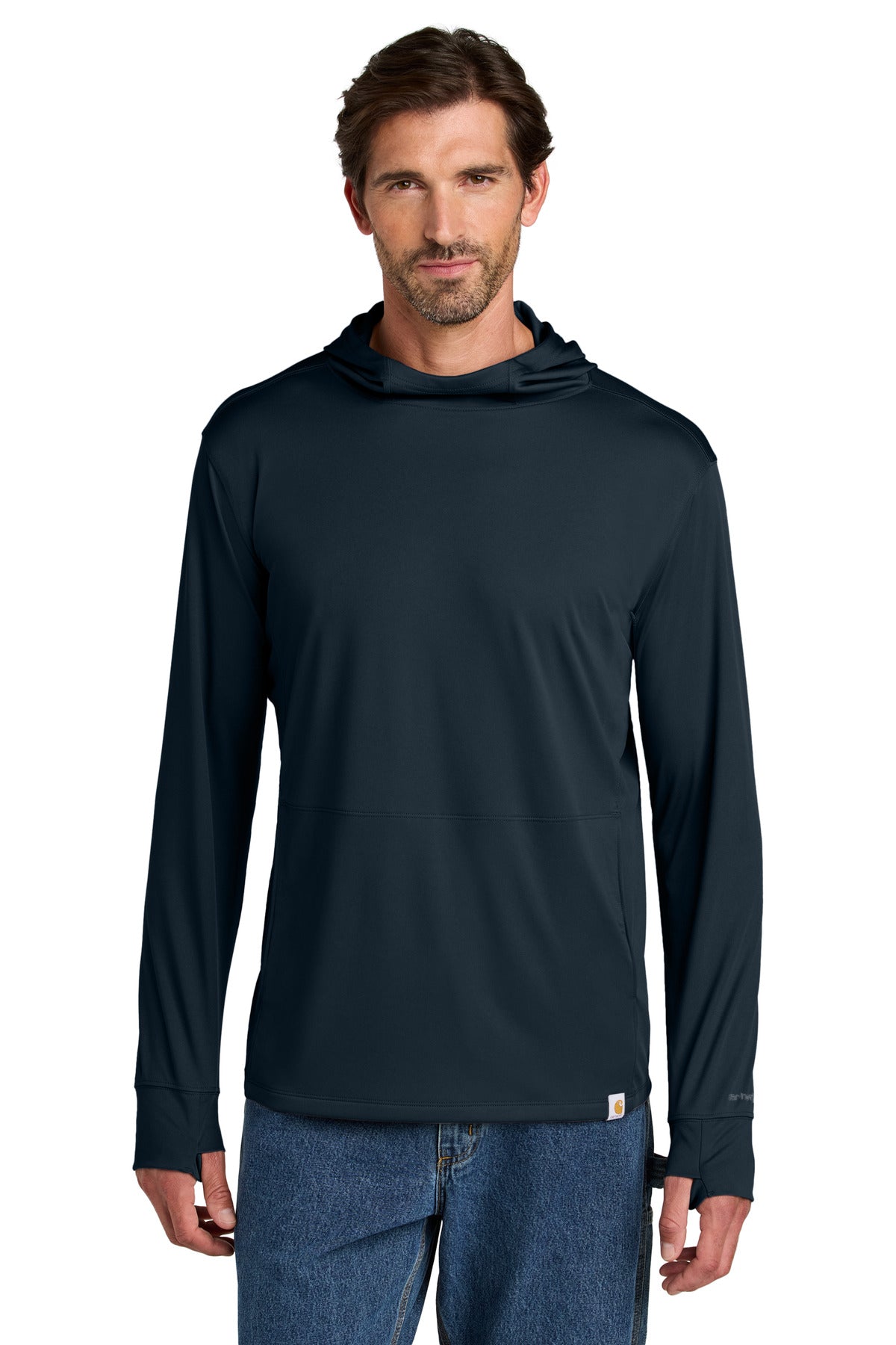 Front View of Navy Carhartt Force Sun Defender Long Sleeve Hooded T-Shirt CT106923