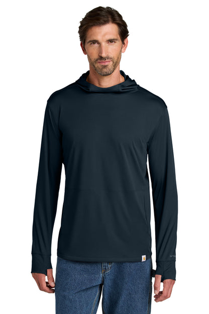 Front View of Navy Carhartt Force Sun Defender Long Sleeve Hooded T-Shirt CT106923