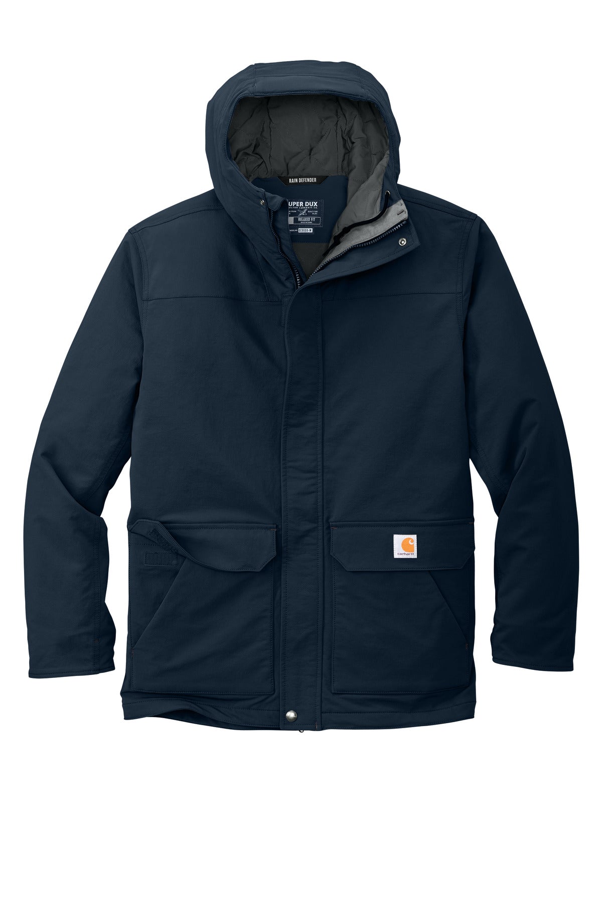 Front View of Navy Carhartt Super Dux Insulated Hooded Coat CT105533