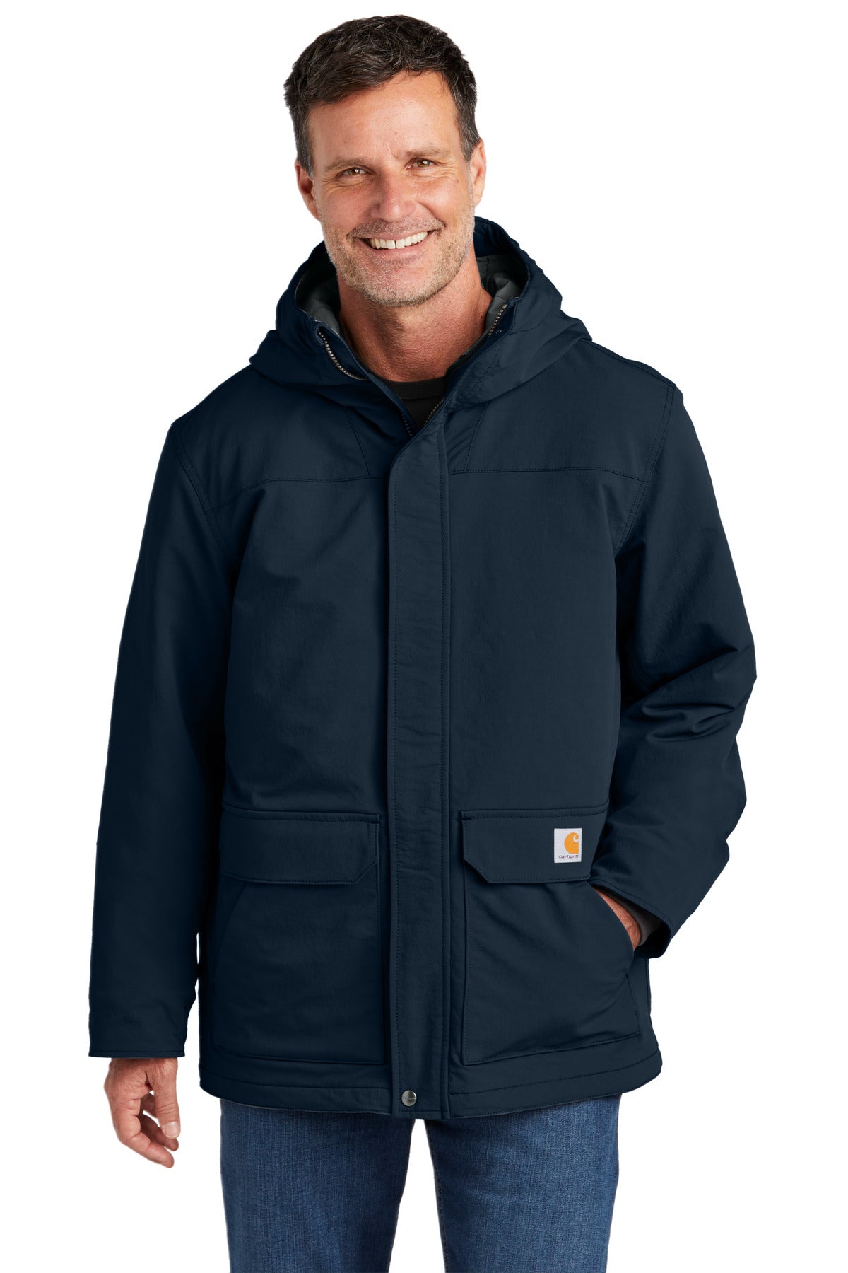 Front View of Navy Carhartt Super Dux Insulated Hooded Coat CT105533