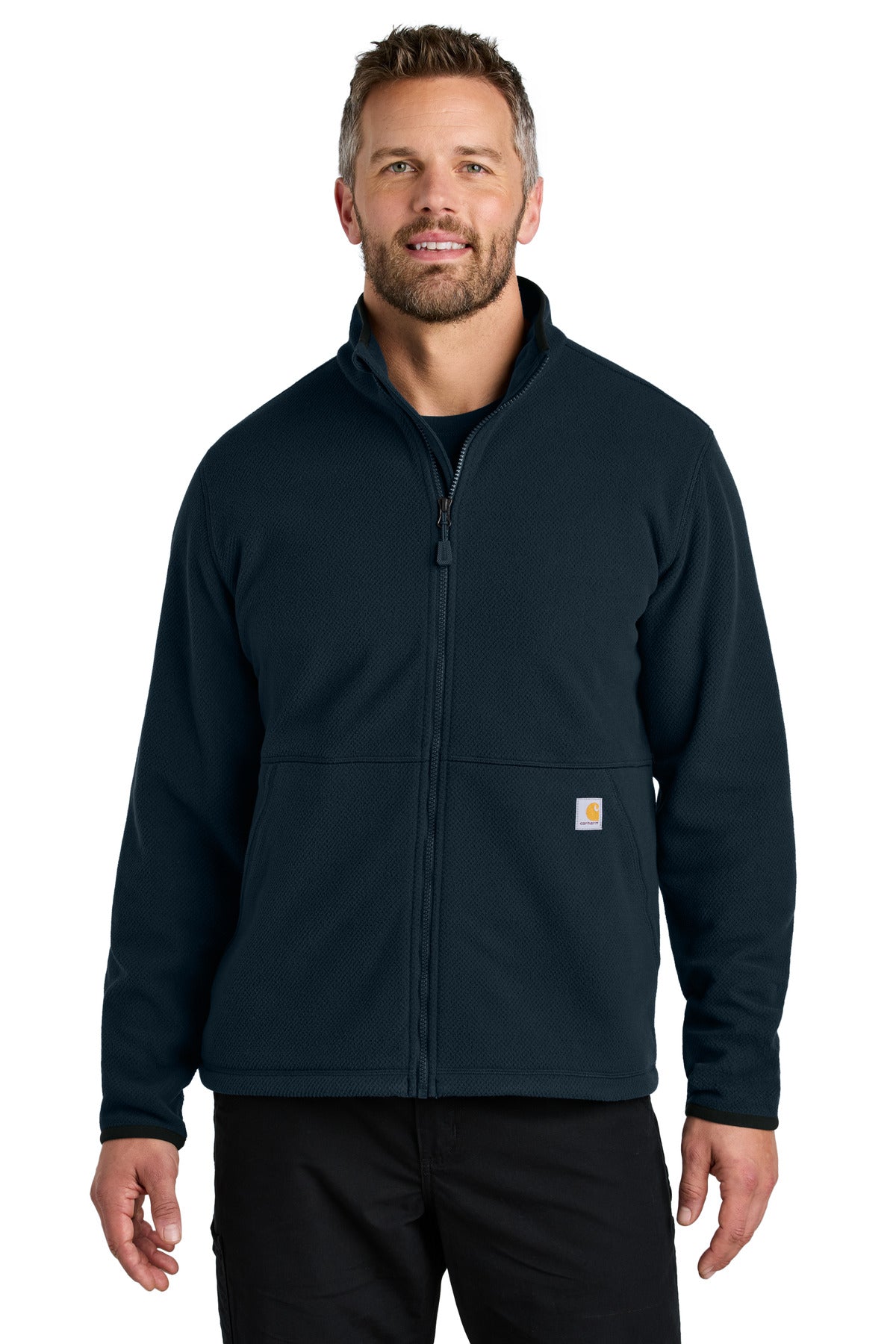 Front View of Navy Carhartt Textured Full-Zip Fleece Jacket CT106416