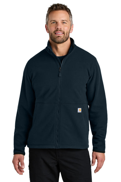 Front View of Navy Carhartt Textured Full-Zip Fleece Jacket CT106416