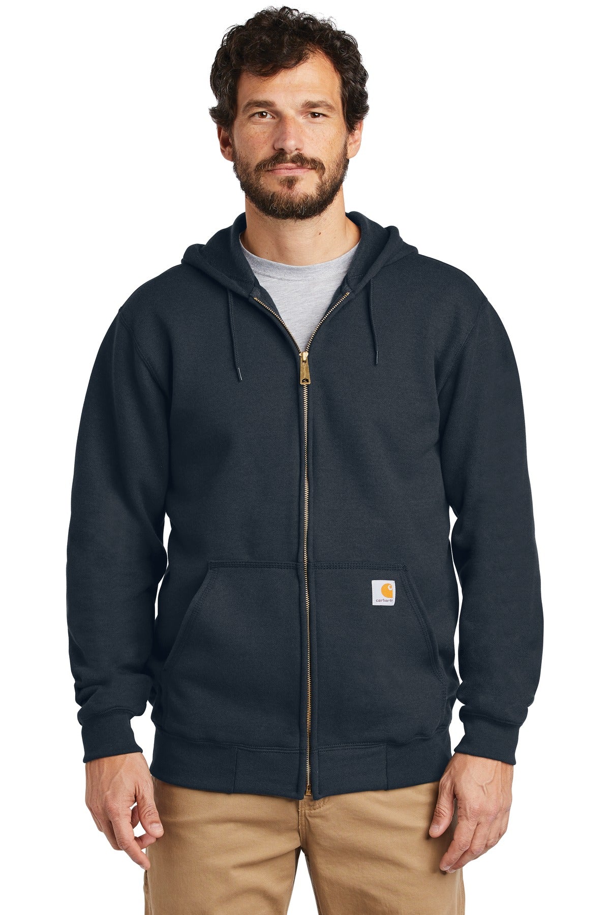 Front View of New Navy Carhartt Midweight Hooded Zip-Front Sweatshirt. CTK122
