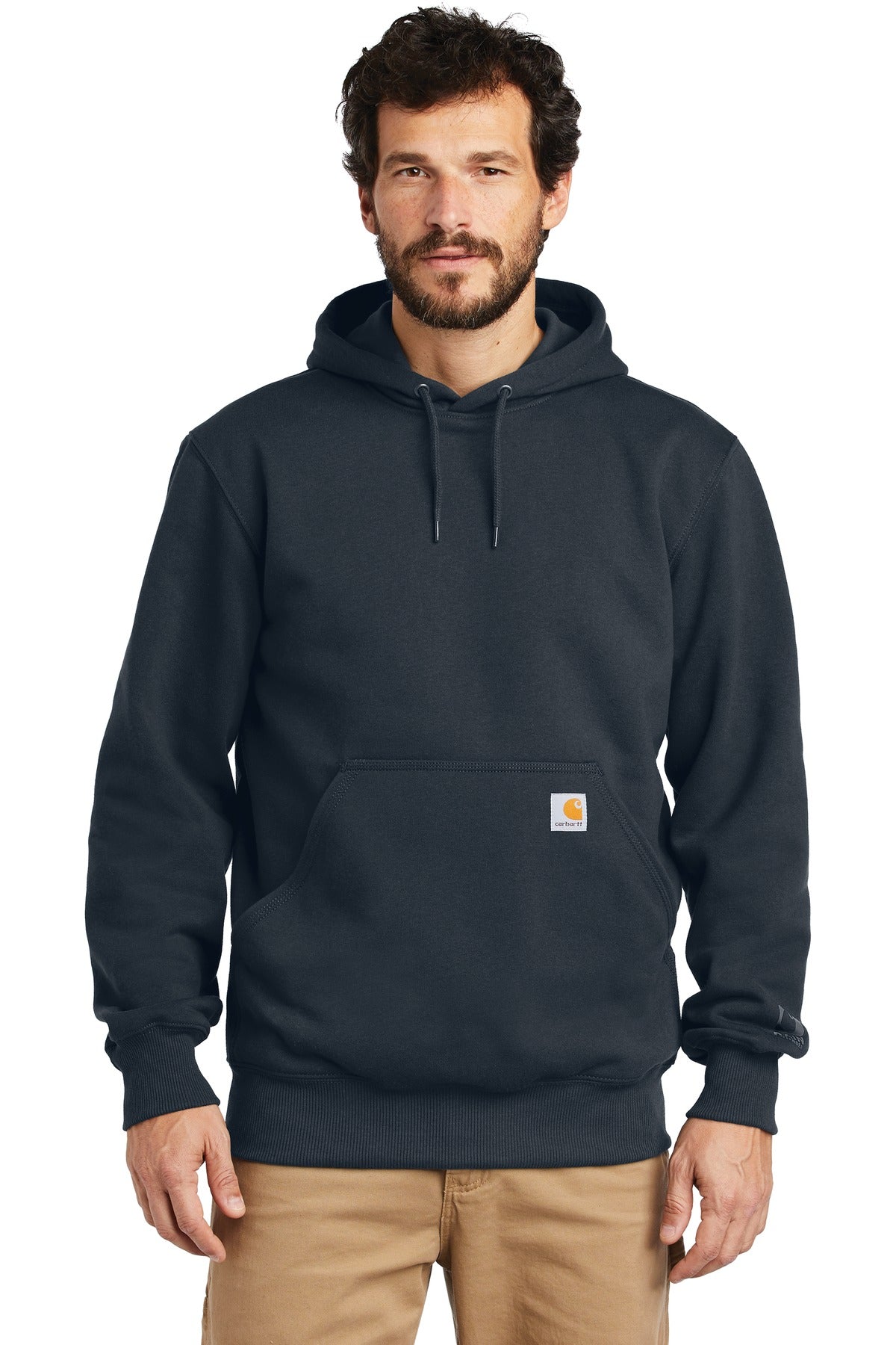 Front View of New Navy Carhartt Rain Defender Paxton Heavyweight Hooded Sweatshirt. CT100615