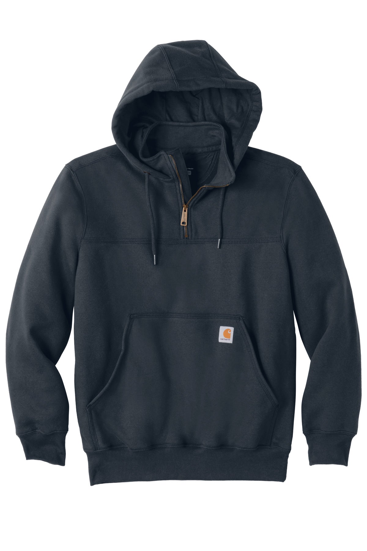 Front View of New Navy Carhartt Rain Defender Paxton Heavyweight Hooded Zip Mock Sweatshirt. CT100617