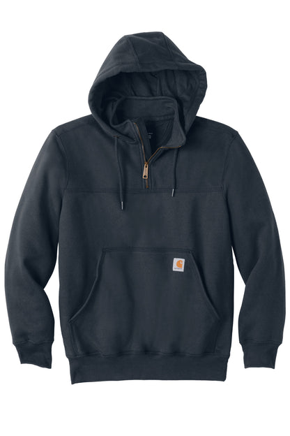 Front View of New Navy Carhartt Rain Defender Paxton Heavyweight Hooded Zip Mock Sweatshirt. CT100617