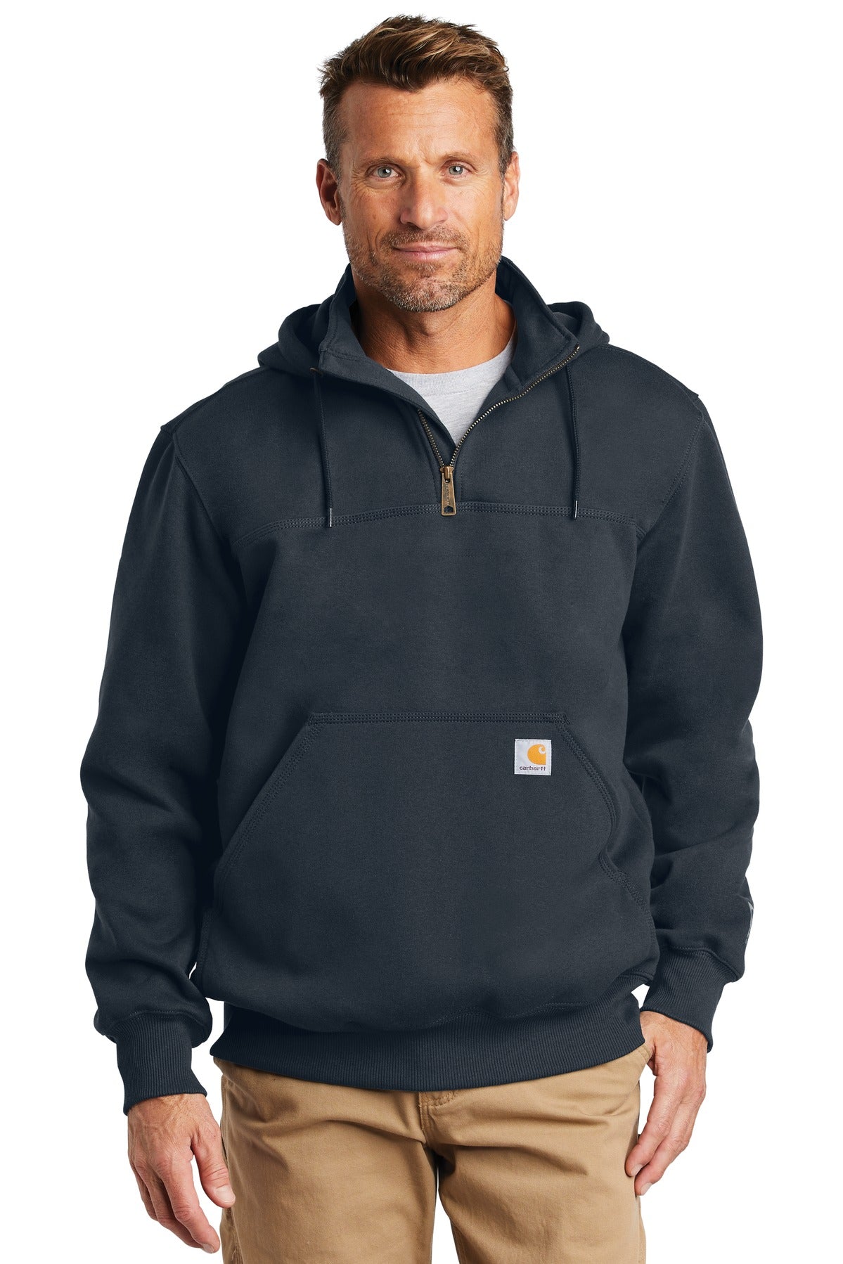 Front View of New Navy Carhartt Rain Defender Paxton Heavyweight Hooded Zip Mock Sweatshirt. CT100617