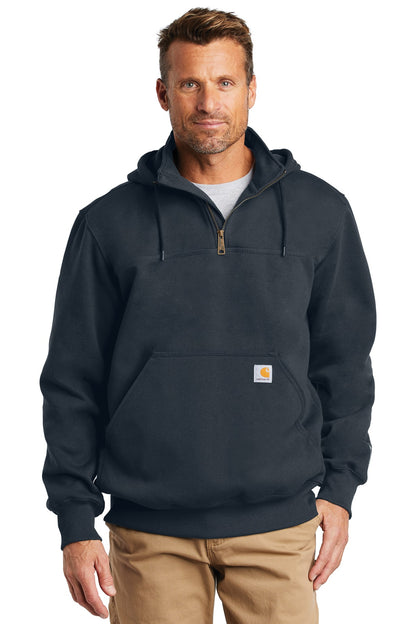 Front View of New Navy Carhartt Rain Defender Paxton Heavyweight Hooded Zip Mock Sweatshirt. CT100617