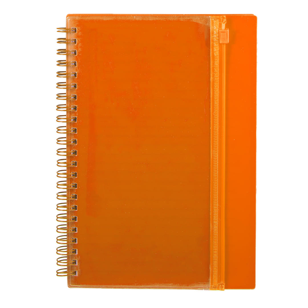 Front View of Orange 5.5" x 8.5" Spiral Notebook with Clear Pocket plain