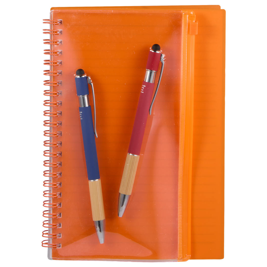 Front View of Orange 5.5" x 8.5" Spiral Notebook with Clear Pocket plain