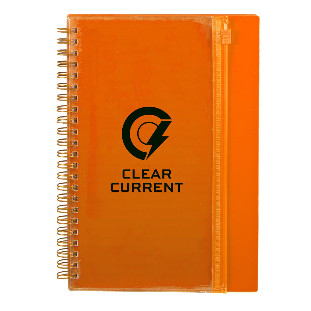 Front View of Orange 5.5" x 8.5" Spiral Notebook with Clear Pocket