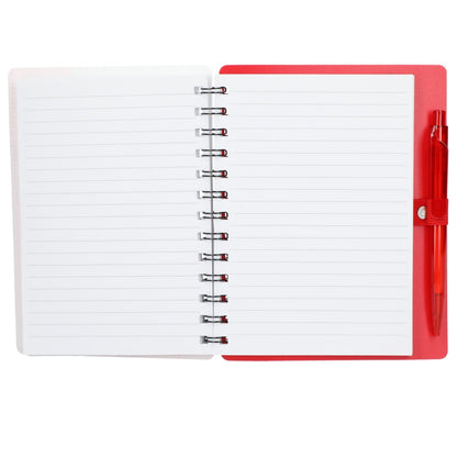 Front View of Red 5" x 7" Recycled Pace Spiral Notebook w Pen plain
