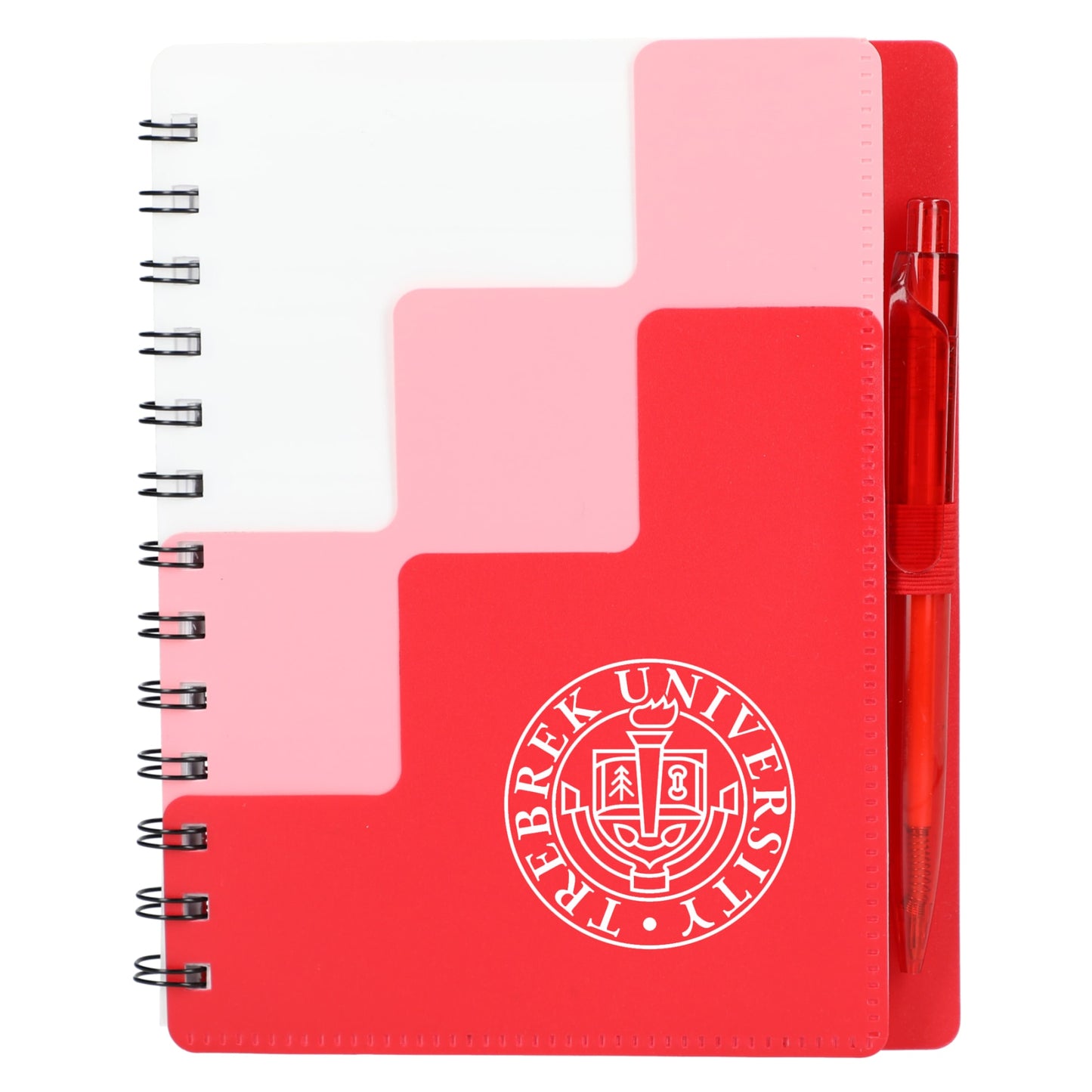 Front View of Red 5" x 7" Recycled Pace Spiral Notebook w Pen