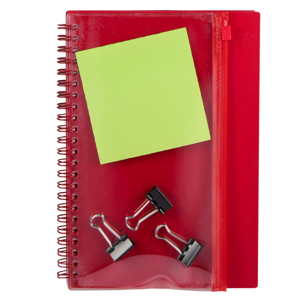 Front View of Red 5.5" x 8.5" Spiral Notebook with Clear Pocket plain