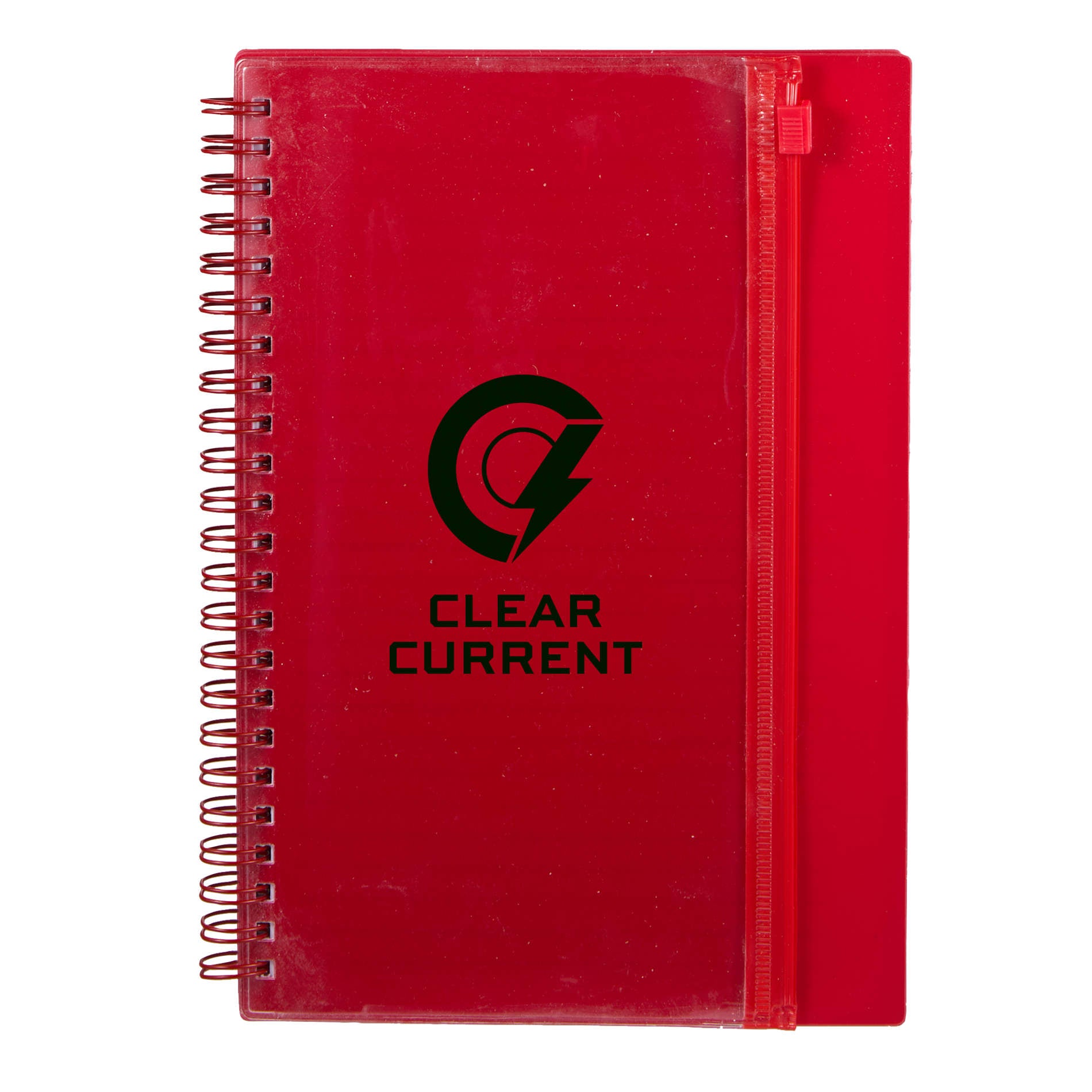 Front View of Red 5.5" x 8.5" Spiral Notebook with Clear Pocket