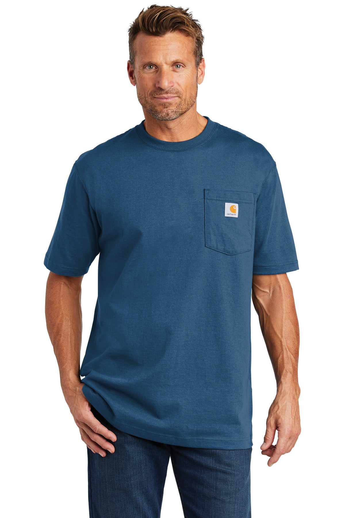 Front View of Stream Blue Carhartt Workwear Pocket Short Sleeve T-Shirt. CTK87