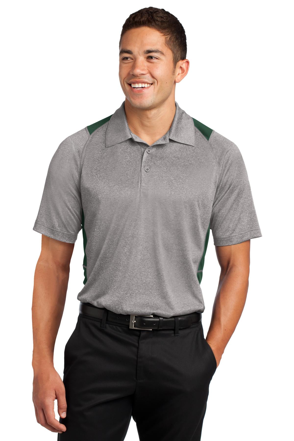 Front View of Vnt He/For Grn Sport-Tek Heather Colorblock Contender Polo. ST665