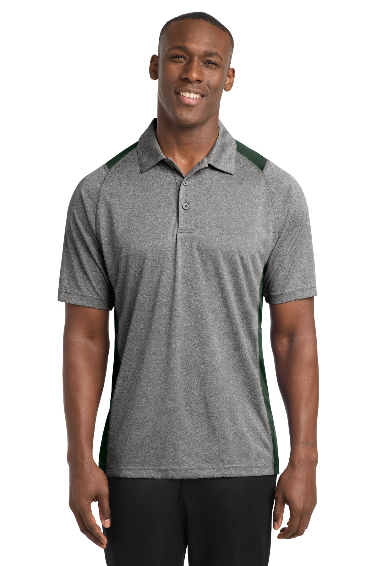 Front View of Vnt He/For Grn Sport-Tek Heather Colorblock Contender Polo. ST665