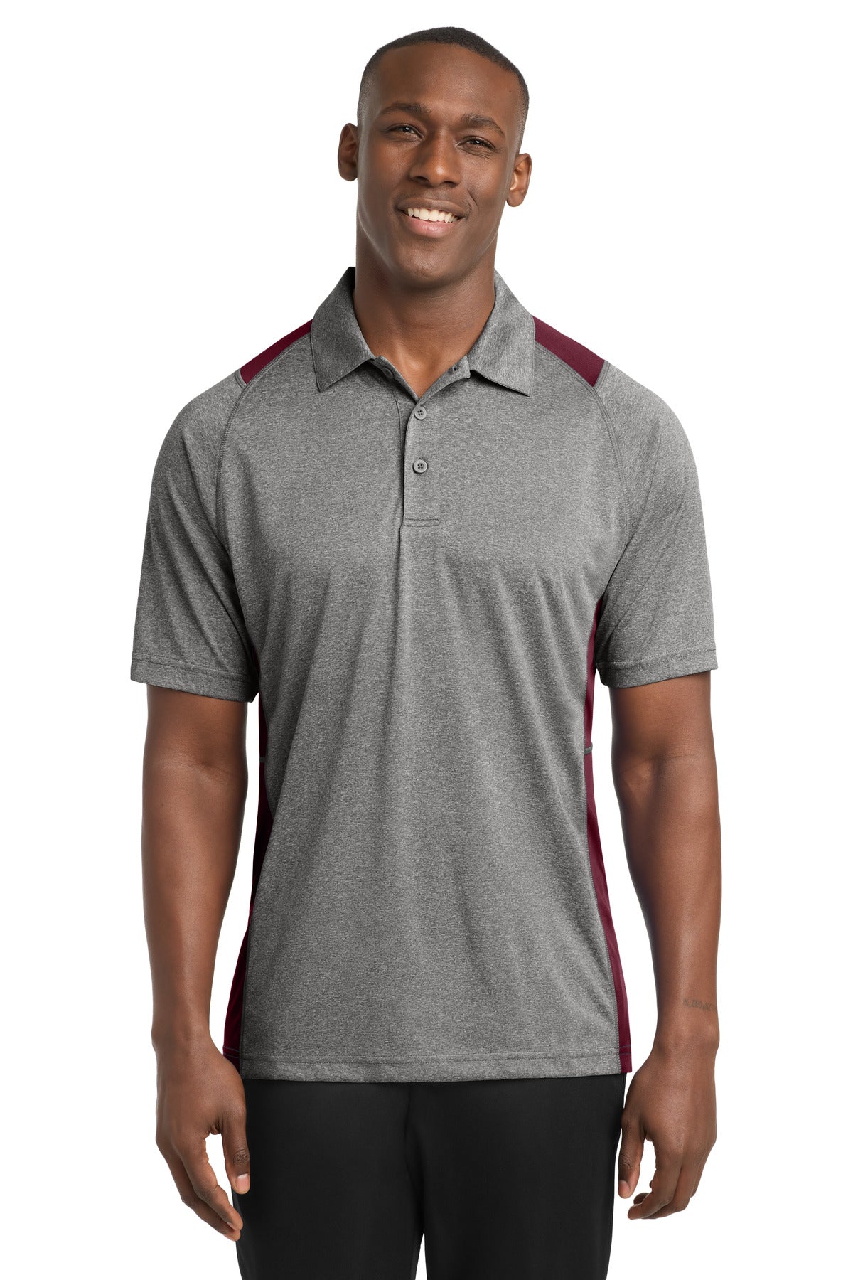 Front View of Vnt He/Maroon Sport-Tek Heather Colorblock Contender Polo. ST665