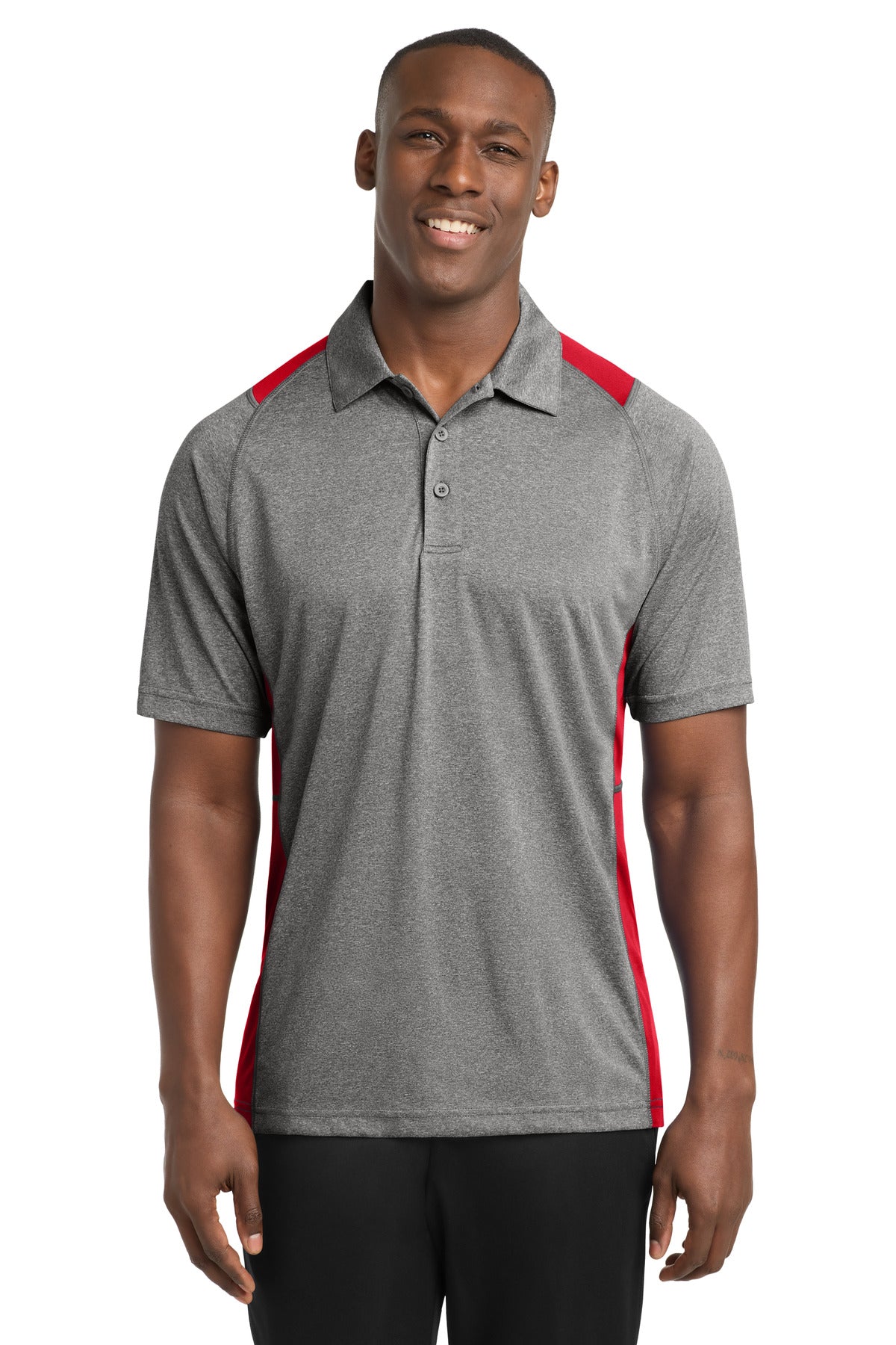 Front View of Vnt He/Tr Red Sport-Tek Heather Colorblock Contender Polo. ST665