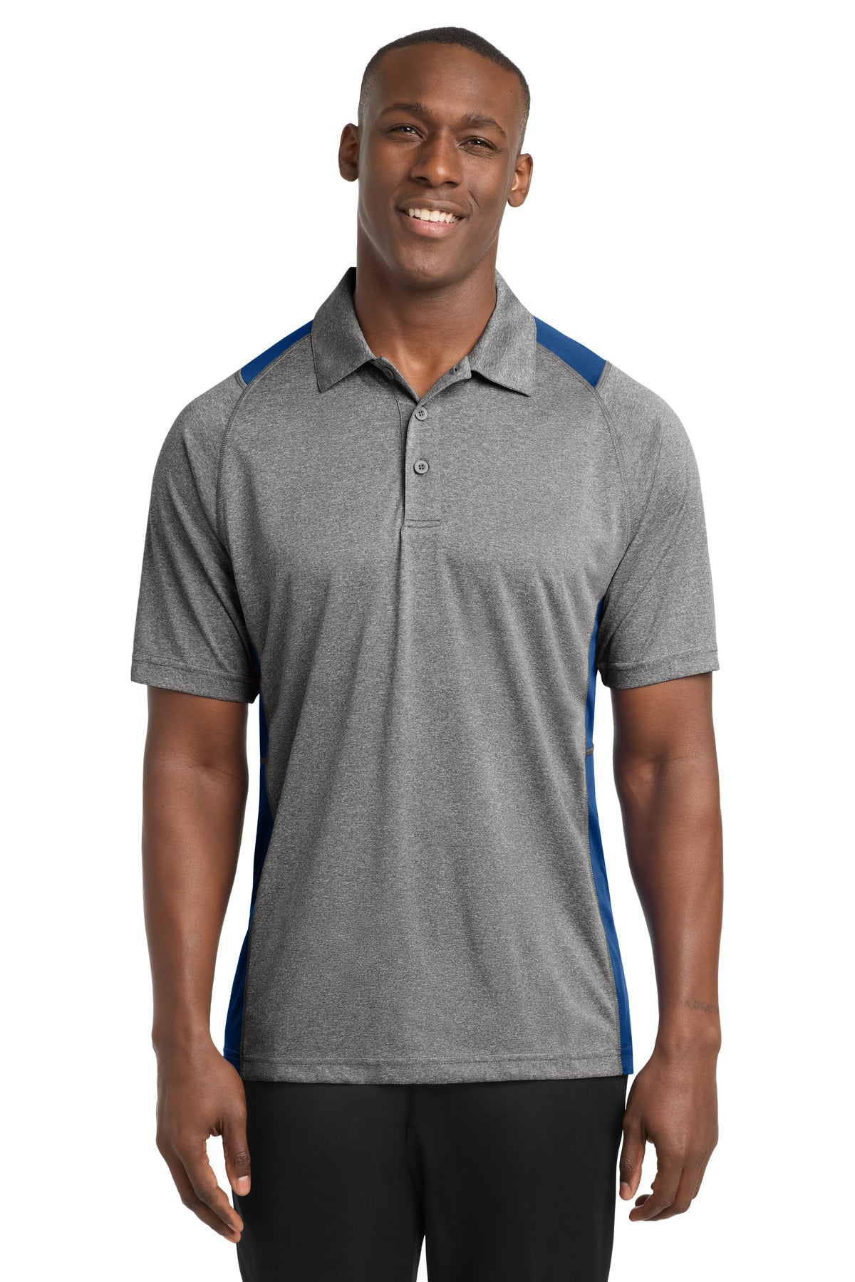 Front View of VtgHthr/Ry Sport-Tek Heather Colorblock Contender Polo. ST665
