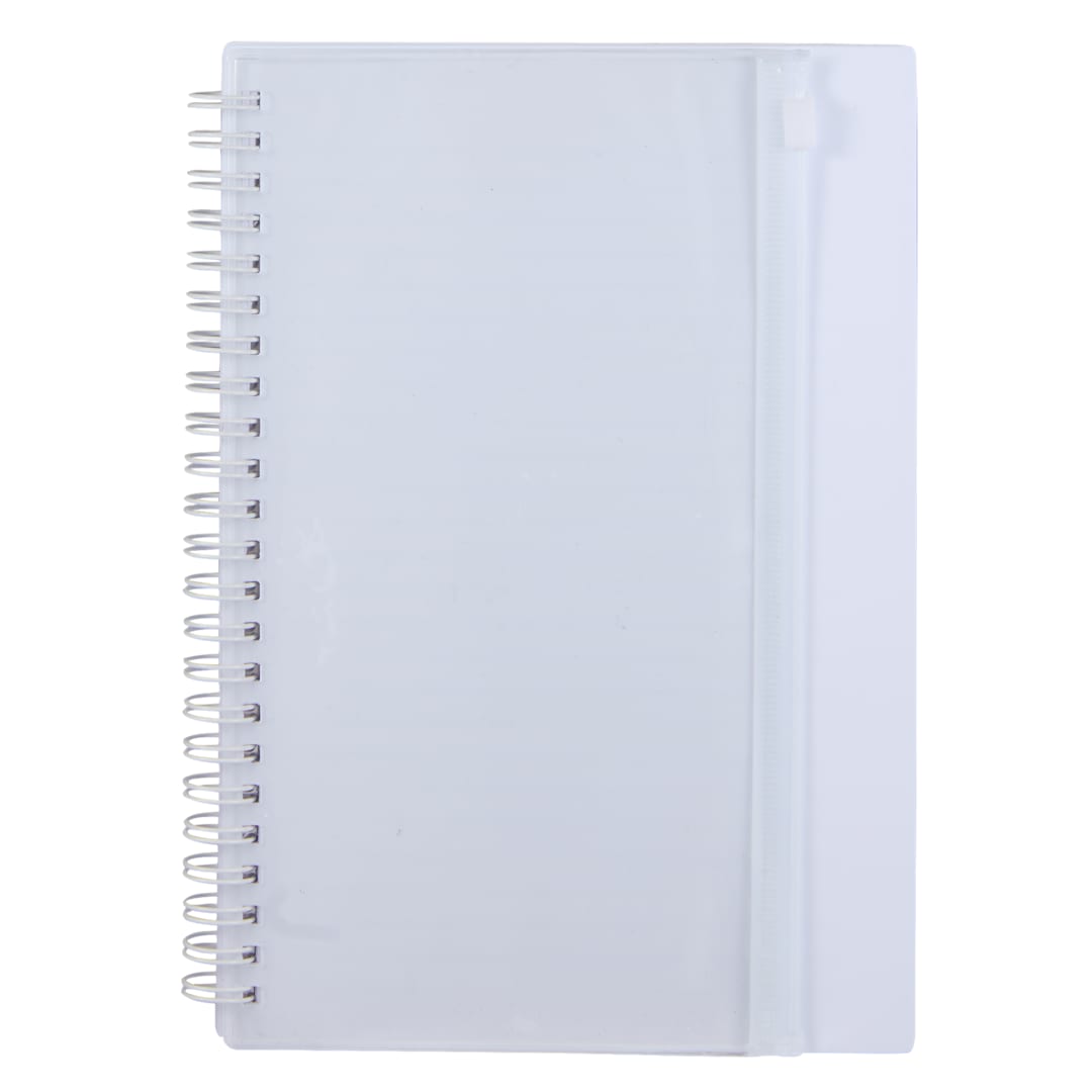 Front View of White 5.5" x 8.5" Spiral Notebook with Clear Pocket plain