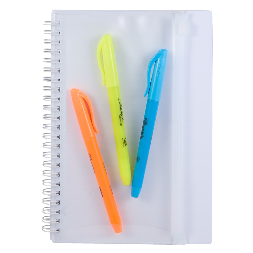 Front View of White 5.5" x 8.5" Spiral Notebook with Clear Pocket plain