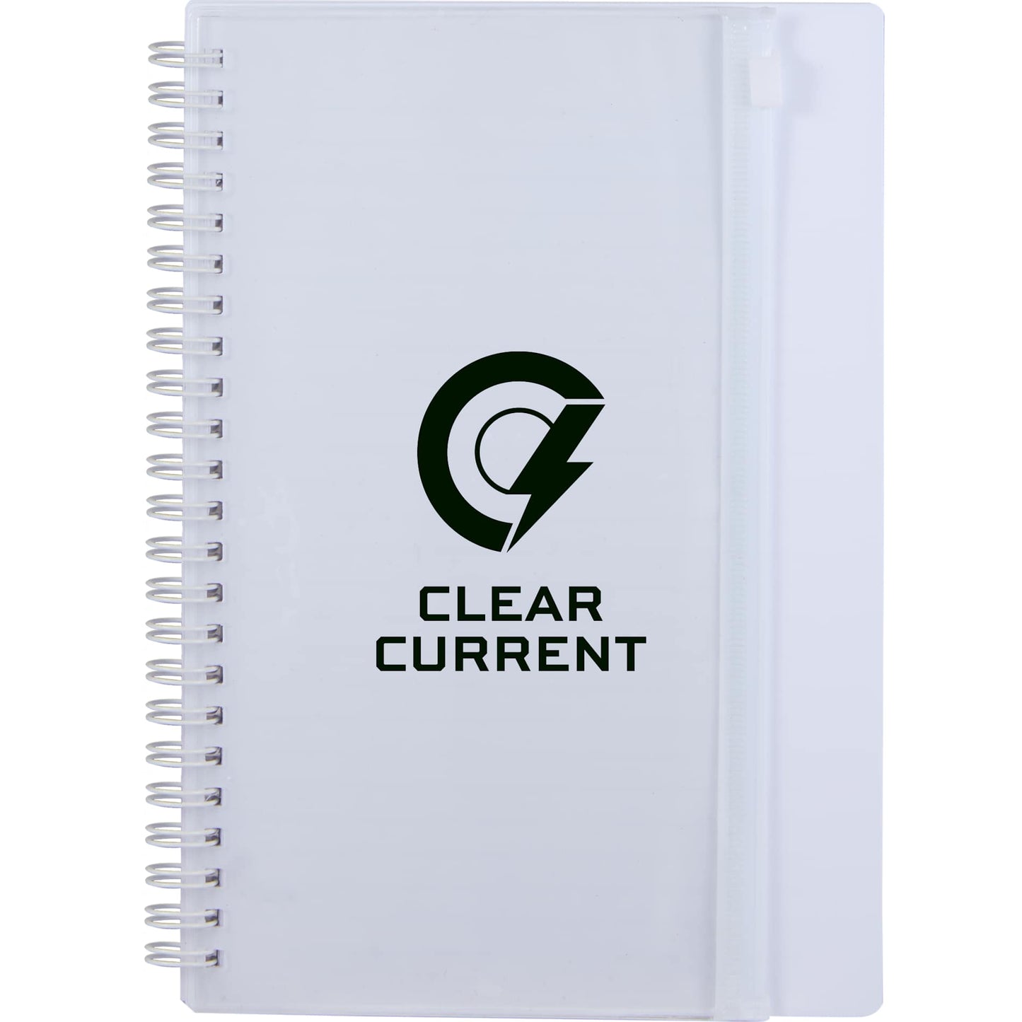 Front View of White 5.5" x 8.5" Spiral Notebook with Clear Pocket