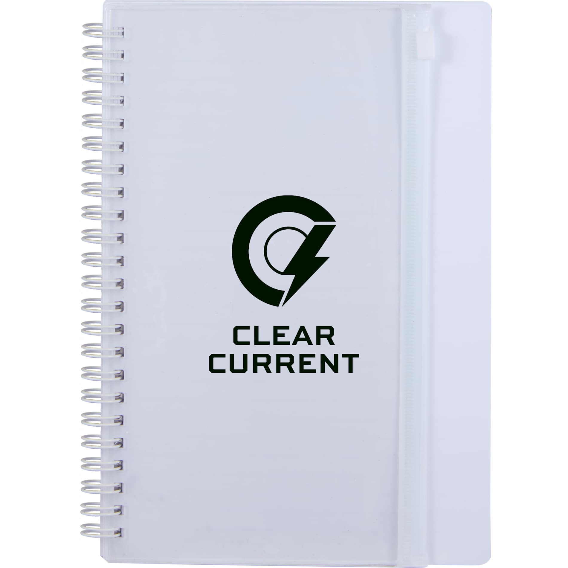 Front View of White 5.5" x 8.5" Spiral Notebook with Clear Pocket