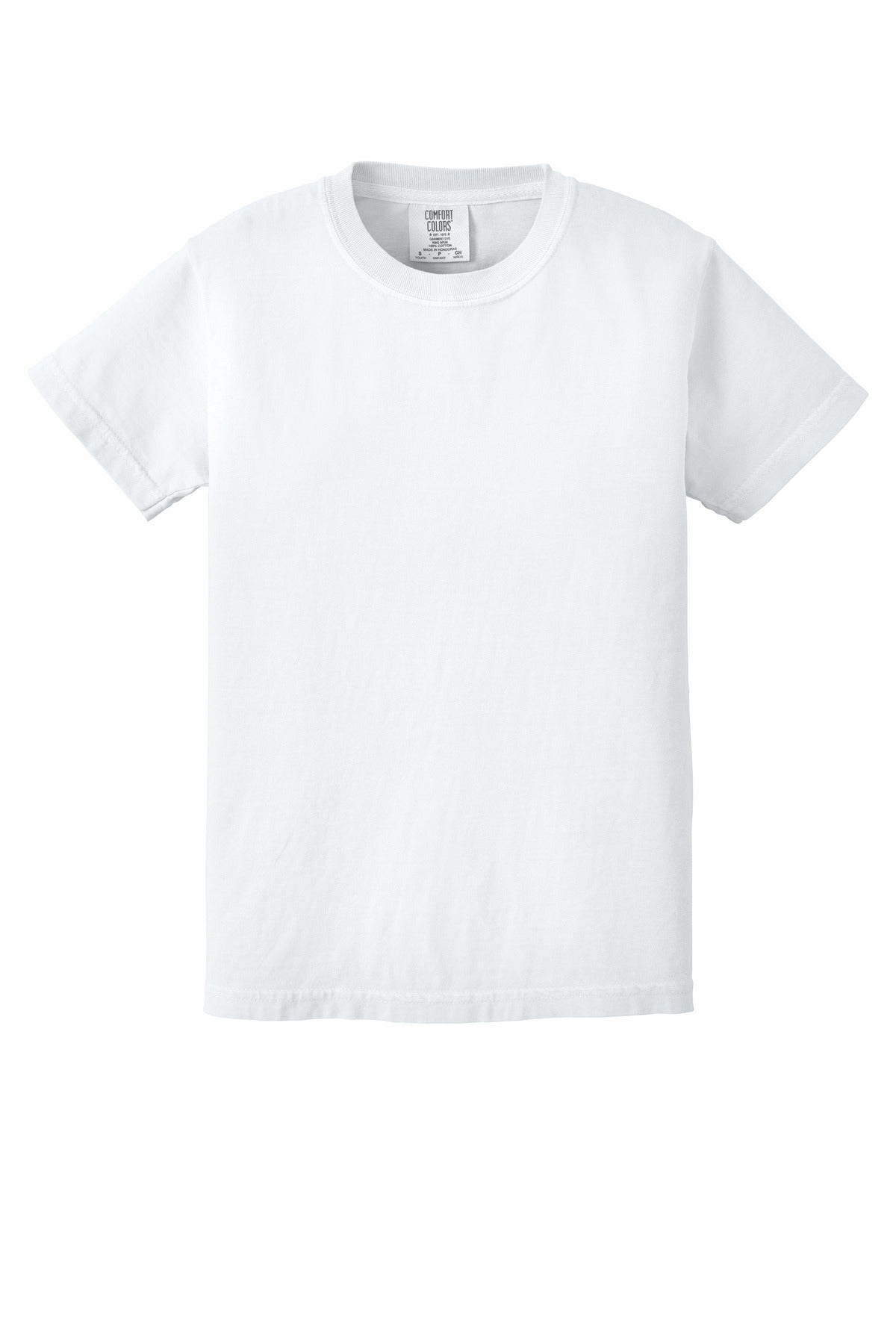 Front View of White COMFORT COLORS Youth Heavyweight Ring Spun Tee. 9018