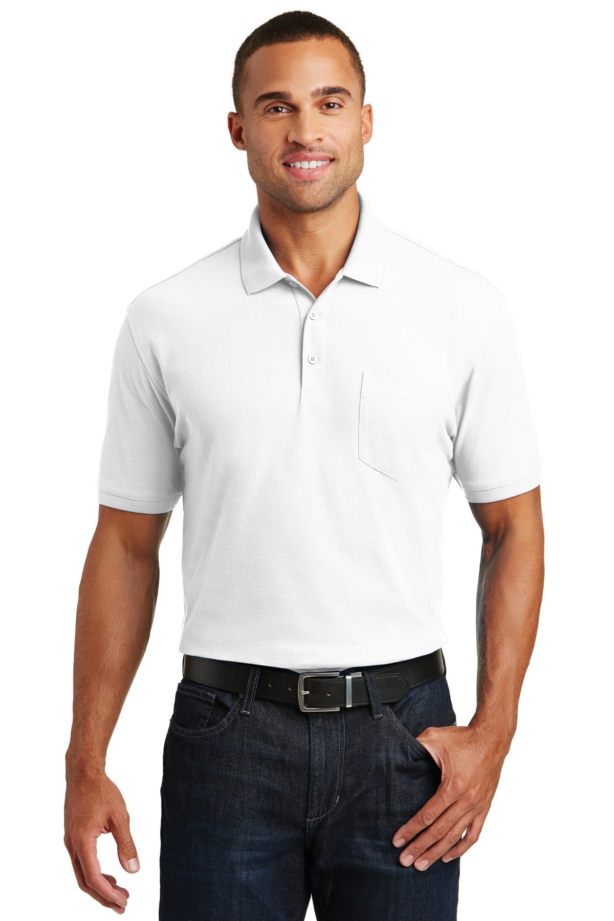 Front View of White Port Authority Core Classic Pique Pocket Polo. K100P