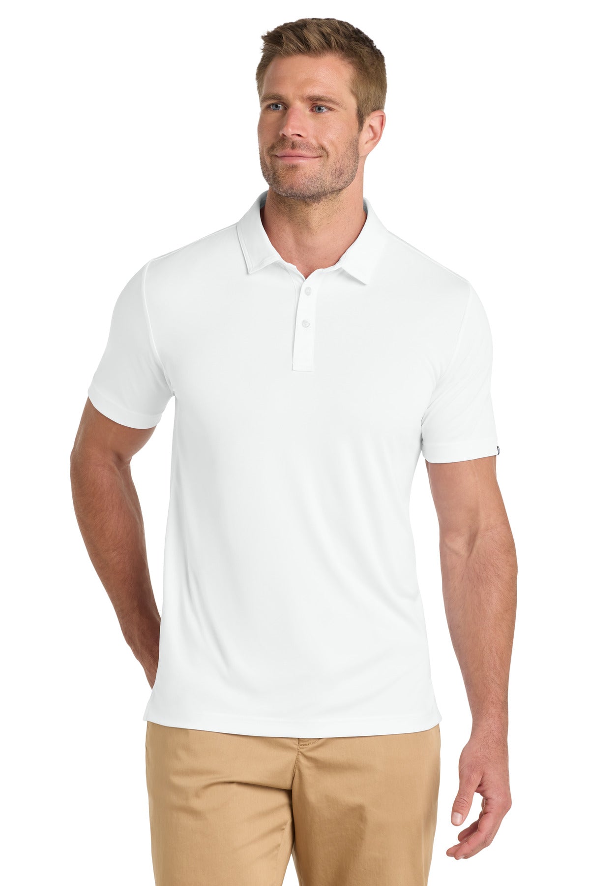 Front View of White TravisMathew Coto Performance Polo. TM1MU410