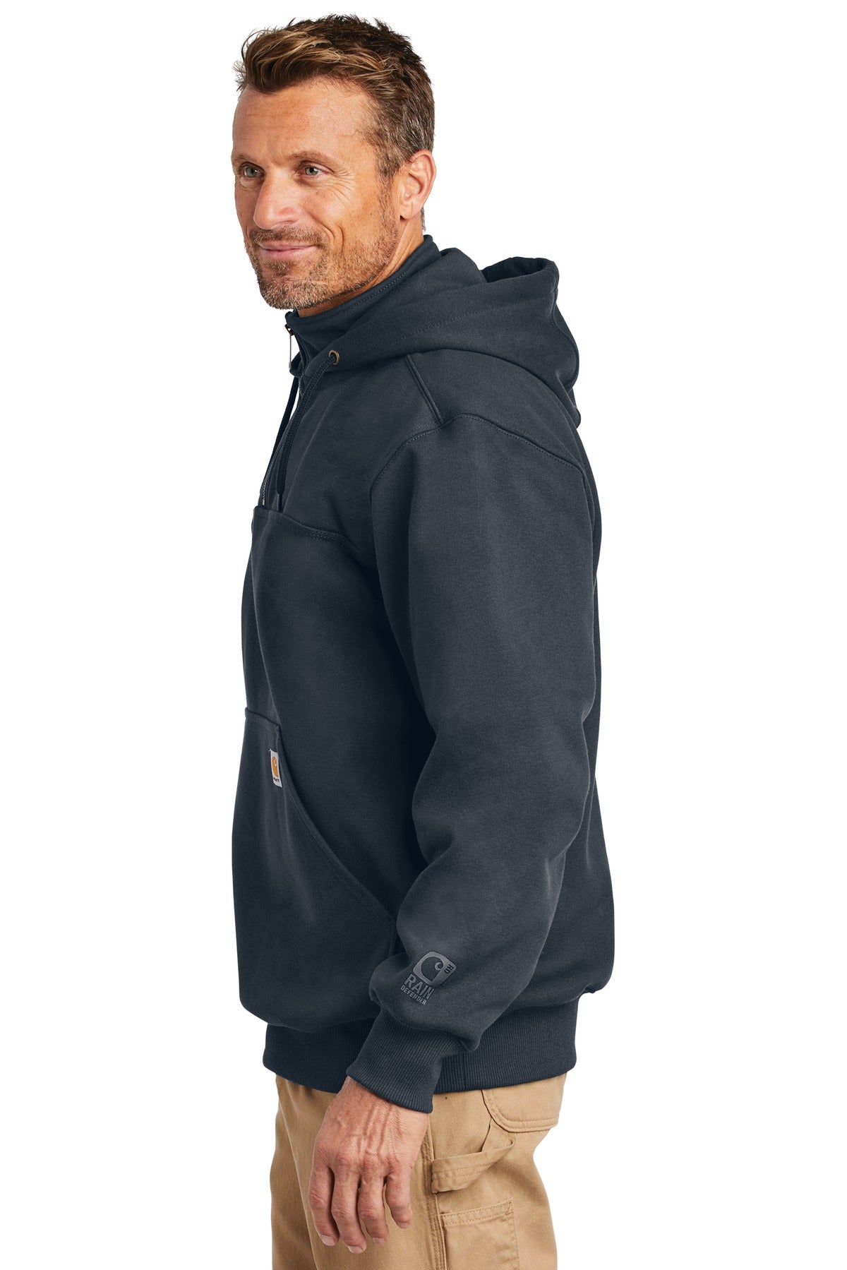 New Navy Carhartt Rain Defender Paxton Heavyweight Hooded Zip Mock Sweatshirt. CT100617