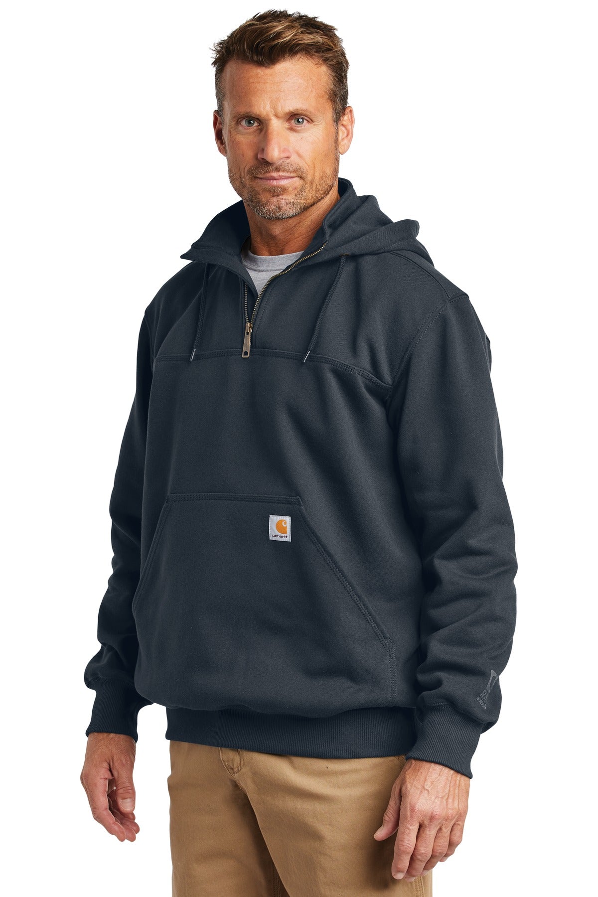 New Navy Carhartt Rain Defender Paxton Heavyweight Hooded Zip Mock Sweatshirt. CT100617