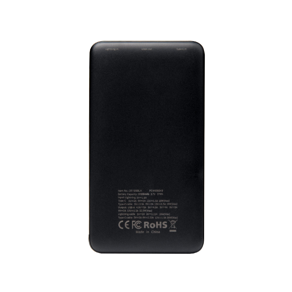 Rear View of BLACK 10,000 mAh Power Bank With Integrated Cables  grouped
